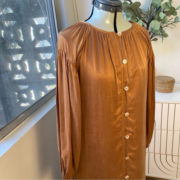 SANCIA Button-Front Midi Dress in Caramel Satin, Size S, NWT - Picture 2 of 10